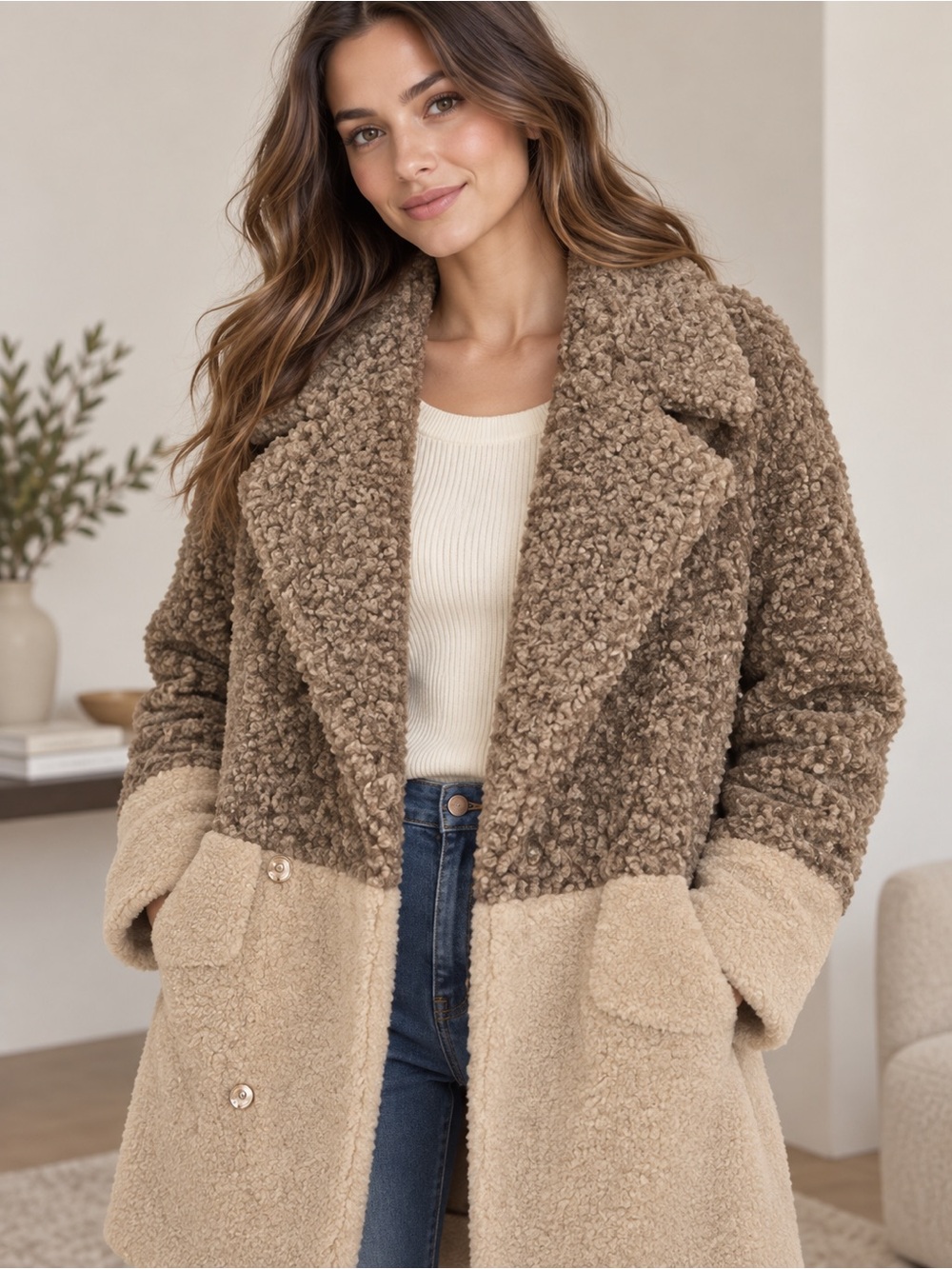 BCBGMaxAzria Two-Tone Teddy Coat in Brown and Cream